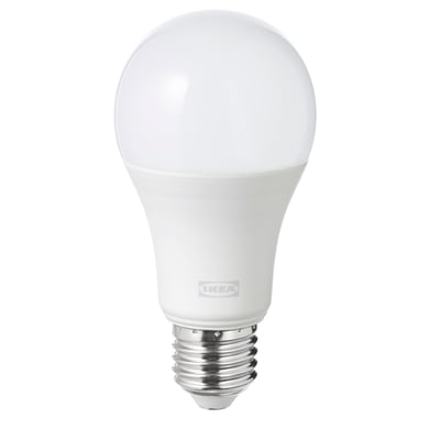 Ikea TRÅDFRI led bulb, white, spherical shape, made of polycarbonate plastic, suitable for smart home use.