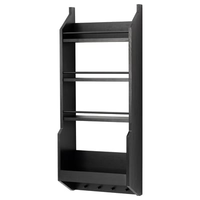 Black VADHOLMA wall shelf, sleek & modern design, three tiers for storage, sturdy beech veneer & steel hooks.