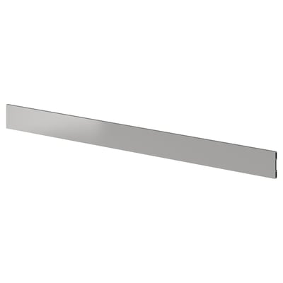 A VÅRSTA stainless steel kitchen plinth. Its long, thin, and rectangular with a metallic, sleek design.