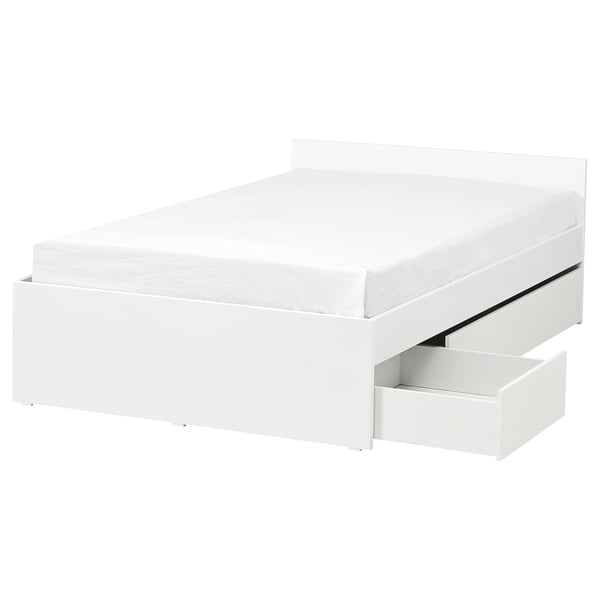 A white VIHALS bed frame with two storage drawers. The design is simple and functional, ideal for organising bedroom essentials.