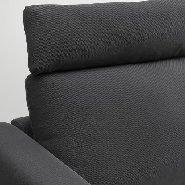 Close up of supportive black VIMLE sofa cushion with textured hallarp fabric.