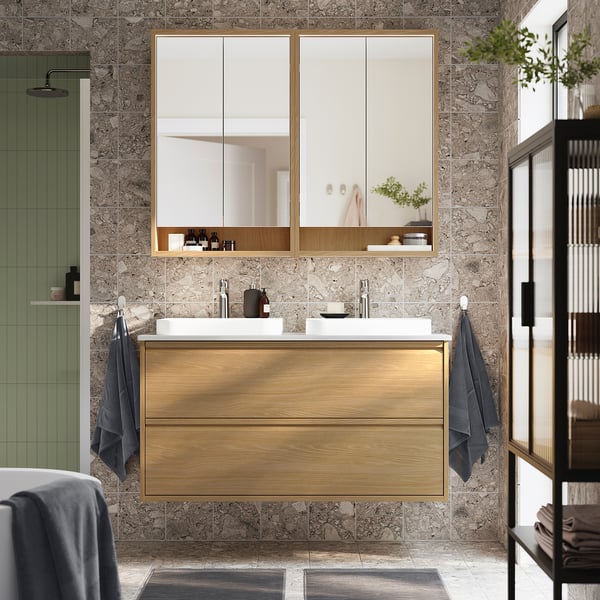 ÄNGSJÖN / BACKSJÖN Wash-stnd w drawers/wash-basin, oak effect/grey stone effect, 122x49x71 cm
