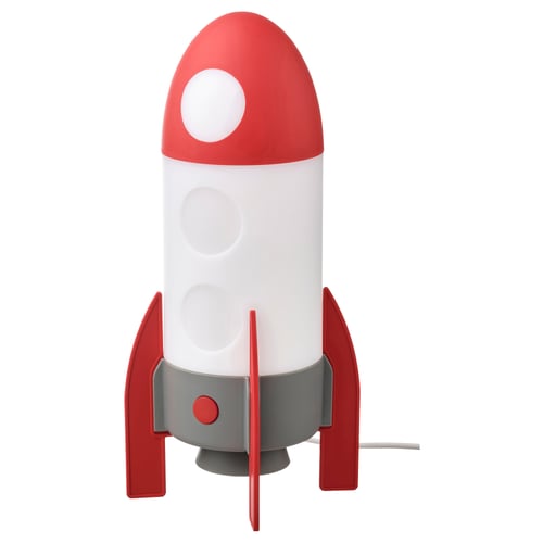 Red and white rocket lamp on white background.