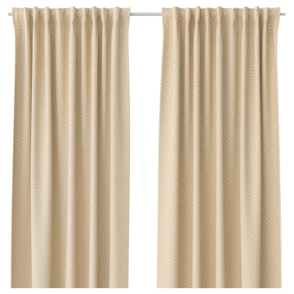 ÅKERMOLKE curtains, beige, wavy design, soft, recycled polyester.