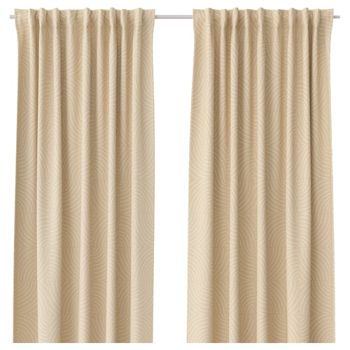 ÅKERMOLKE curtains, beige, wavy design, soft, recycled polyester.