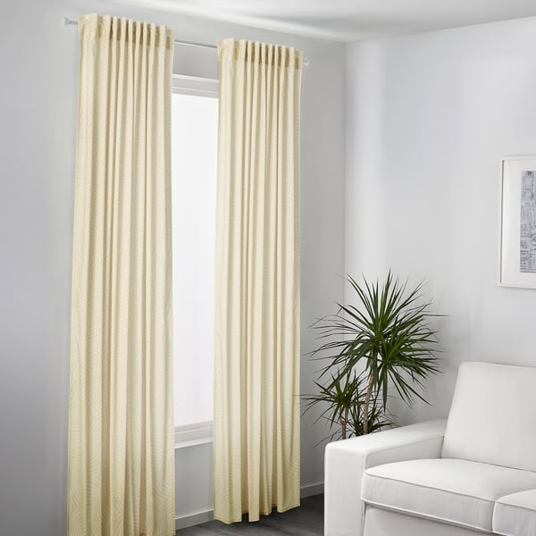 ÅKERMOLKE curtains, cream, recycled, floor-length, subtle pattern, large window, modern decor.