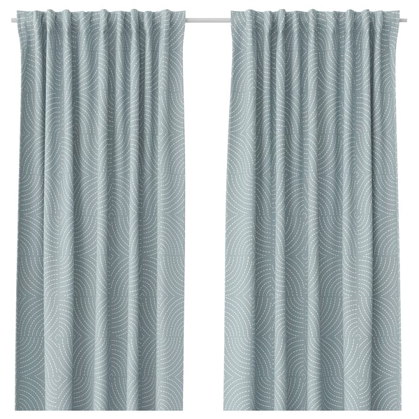 ÅKERMOLKE curtains, blue with white swirls, recycled polyester, rectangular panels.