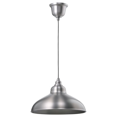 Modern ANKARSPEL pendant lamp, pewter-colored metallic shade, hanging cord, industrial design.