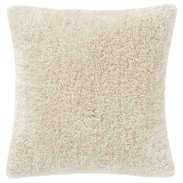 Soft beige teddy fur cushion, square with zip, 100% recycled polyester, cosy design.