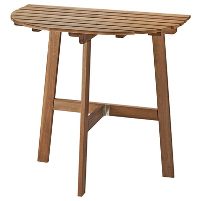 Its an ASKHOLMEN wooden balcony table, light brown, rectangular, and foldable for space-saving.