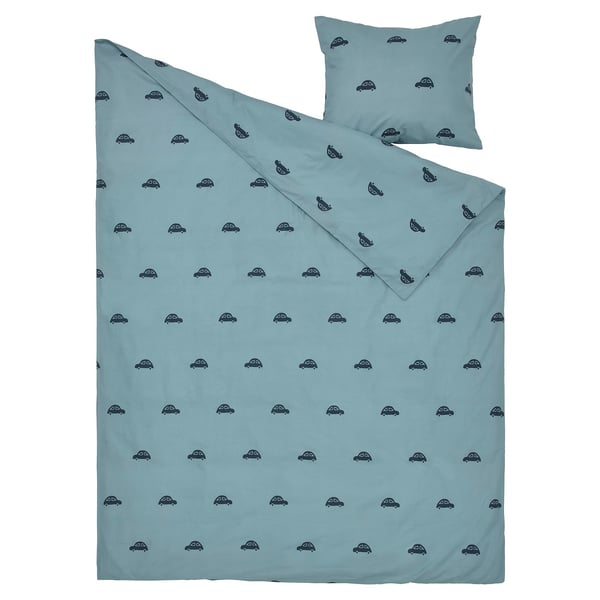 Light blue duvet cover set with black car prints, soft cotton, includes flat sheet, fitted sheet, pillowcase, rectangular shape with playful design.
