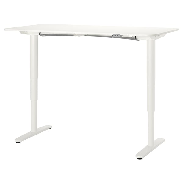 An IKEA BEKANT white sit-stand desk with a rectangular shape, made of particleboard and steel, featuring an adjustable height mechanism.