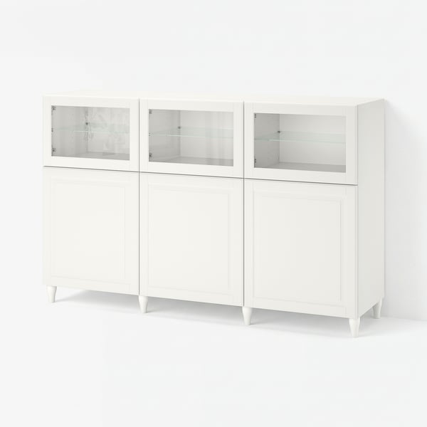 BESTÅ Storage combination with doors, white/Smeviken/Kabbarp white clear glass, 180x42x112 cm