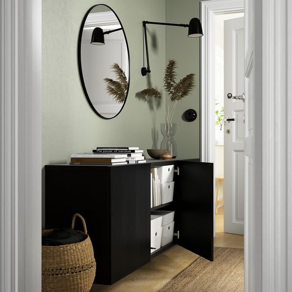 BESTÅ cabinet wall-mounted, saves space with adjustable shelves, black with led lighting.