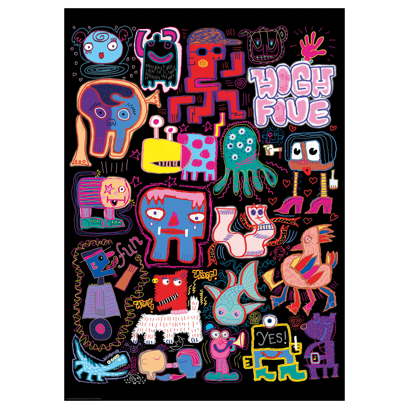 Colourful, cartoon-filled poster with high five title. Various whimsical characters against a black background. Ideal for personalised decor.
