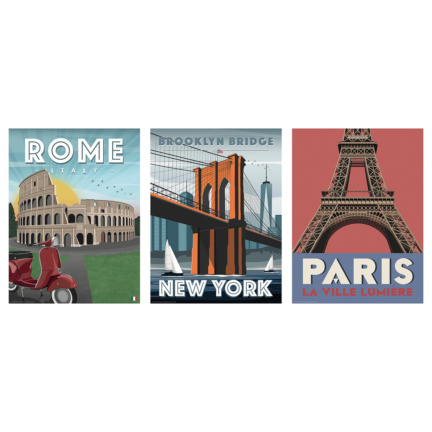 Three travel posters: rome, new york, paris; colourful, illustrated landmarks.