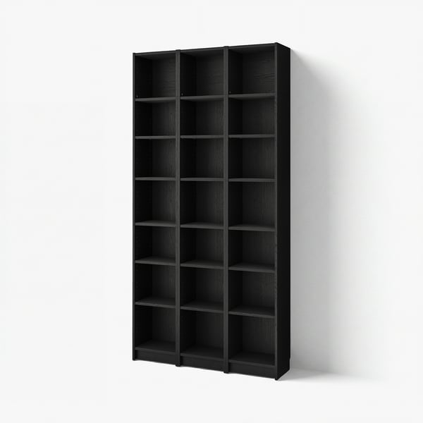 Displays a BILLY black bookcase against a white wall, featuring multiple shallow, adjustable shelves in a simple, modern design.