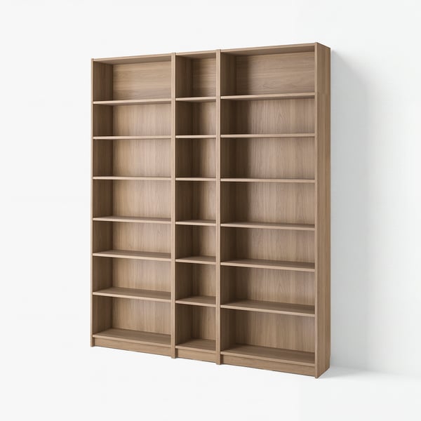 BILLY bookcase: tall, light brown, wooden with adjustable shelves, simple design.