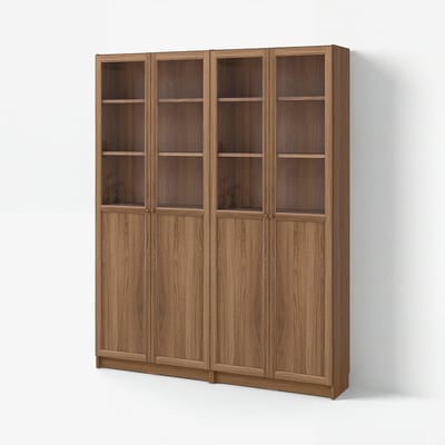 A brown BILLY bookcase with four sections, featuring glass doors on top and wooden doors below.