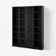 Black BILLY bookcase. Four sections with glass doors and open shelves. Modern, minimalist design.