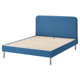 Blue upholstered bed frame with wooden slats, modern design, four metallic legs.