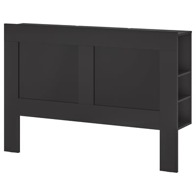 BRIMNES black headboard with hidden storage, minimalist design, wooden material.