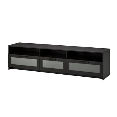 BRIMNES tv stand: black with glass drawers for storage, rectangular shape, sleek design.