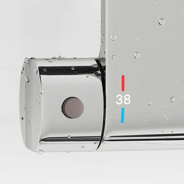 A chrome thermostatic shower head with safety stop at 38°c. The head a full spray setup with mesh spray for increased force.