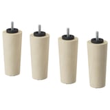 Four light brown cylindrical wooden legs with black plastic and metal fittings; simple and minimalist design.