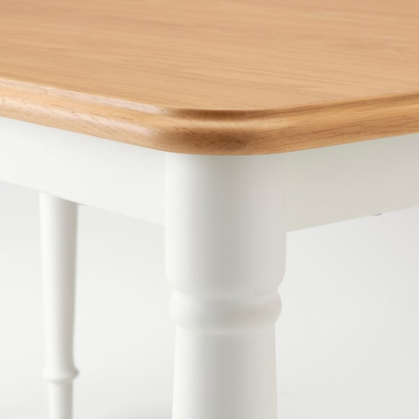 A close-up of a round wooden table edge, smooth and finely veneered, mounted on a sturdy, white-painted leg.