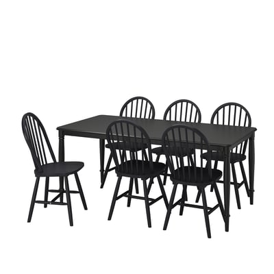 Black 6-seat dining set, classic wooden chairs, sturdy metal table legs, modern traditional design.