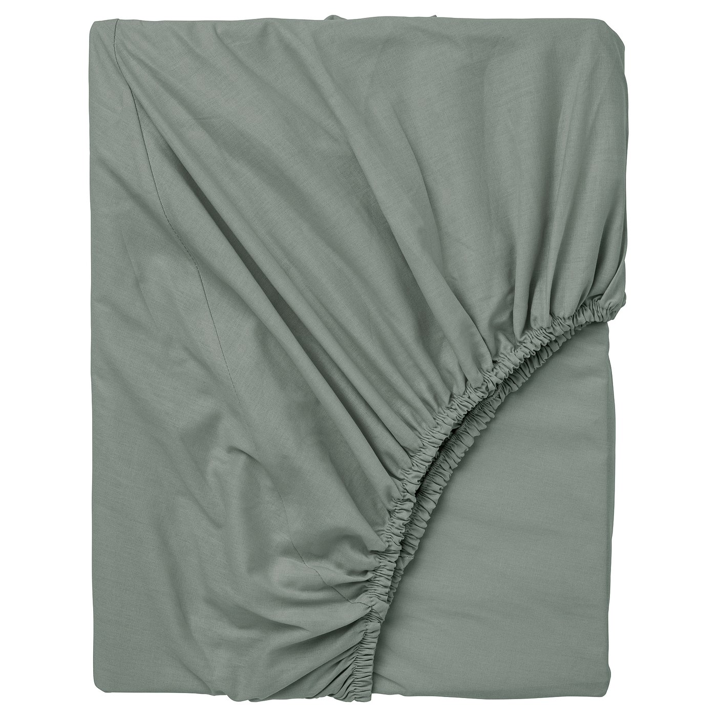 A DVALA grey-green fitted sheet made from 100% cotton, featuring elastic edges, displayed on a white background.
