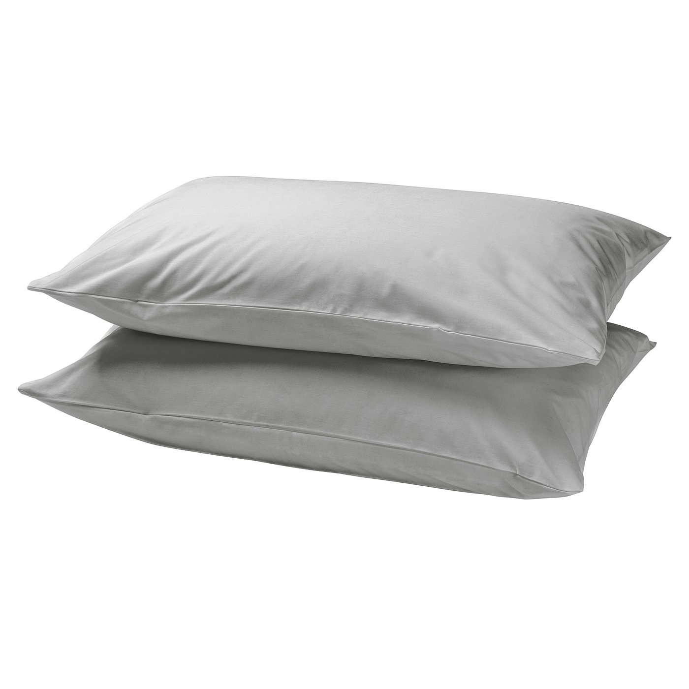 Two stacked light grey pillows with smooth, square design. Made from soft, sustainable cotton.