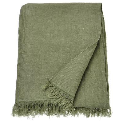 Green DYTÅG throw, fringe ends, soft linen-cotton blend.