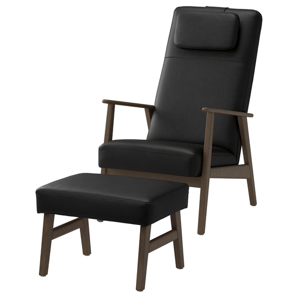 EKENÄSET High-back armchair and footstool, walnut effect/Grann/Bomstad black