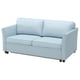 Light blue upholstered couch with wooden legs, cummings style.