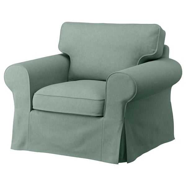 EKTORP armchair in green, with rolled arms, comfy cushions, removable cover.