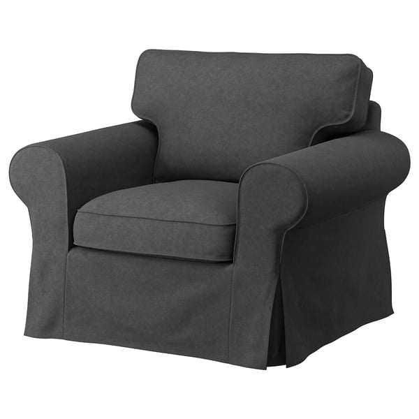 EKTORP grey armchair: plush, dark grey fabric, rolled arms, comfy cushions.
