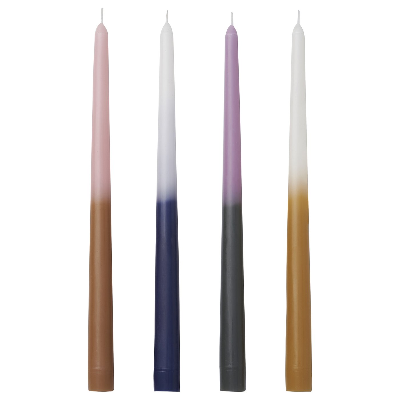 Four colourful tapered candles in brown, blue, green, and beige with fading colours, standing upright.