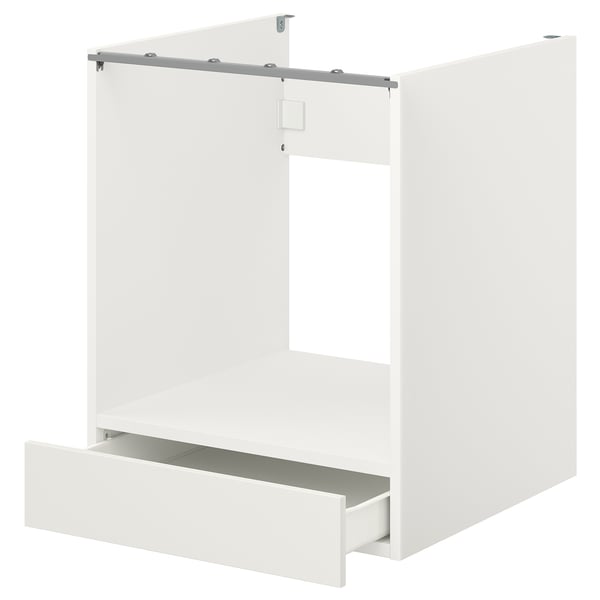 A white ENHET modular oven cabinet with a drawer. This efficient kitchen unit includes a top shelf for an oven and a bottom drawer for storage.
