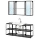 Modern black metal bathroom vanity with shelves and rectangular sink, topped with large wall-mounted mirror.