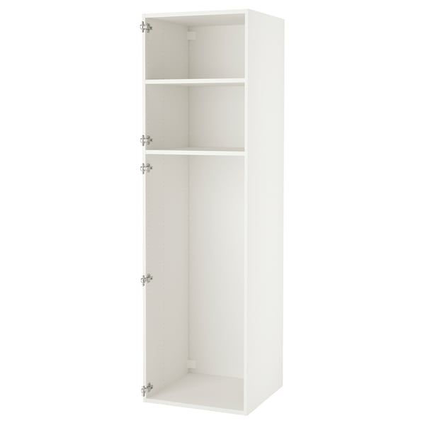 A white ENHET tall storage cabinet. Its rectangular with open shelves, made of recycled materials. Perfect for kitchen or laundry supplies.