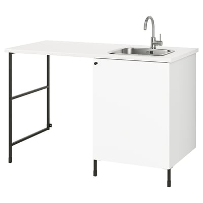 A white ENHET kitchen unit with a stainless steel sink and tap, black metal legs, and a black metal frame.