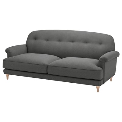 Gray ESSEBODA sofa, modern design with tufted back, rolled arms, and wooden legs.
