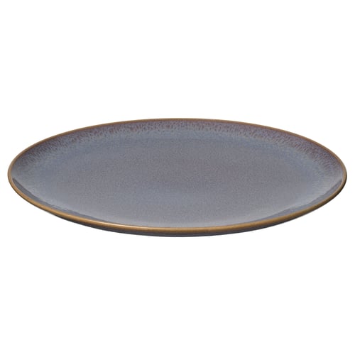 FÄRGKLAR blue stoneware plate, simple design, rounded shape, textured glaze.