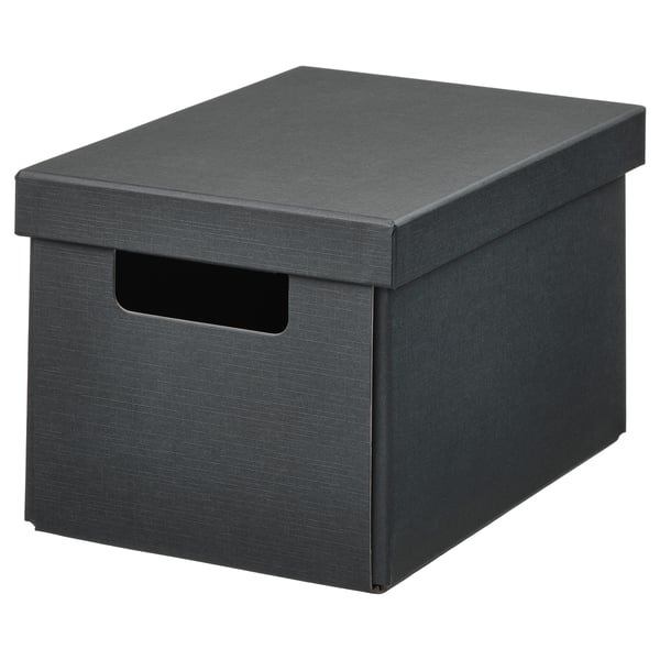 A grey FJÄDERHARV storage box with a lid, made of recycled paper. It has a rectangular shape and a handle cutout on the front for easy carrying.