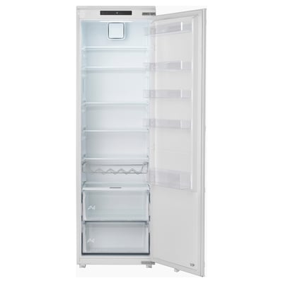 Open white fridge with transparent drawers and shelves.