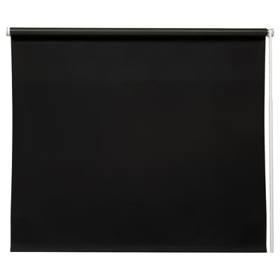 Black FRIDANS roller blind with metallic rod, recycled polyester, light-blocking, privacy, modern design.