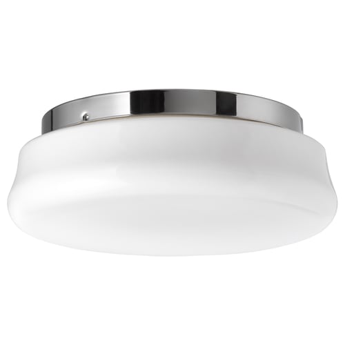 GÅSGRUND ceiling light, white glass, nickel finish, circular shape.