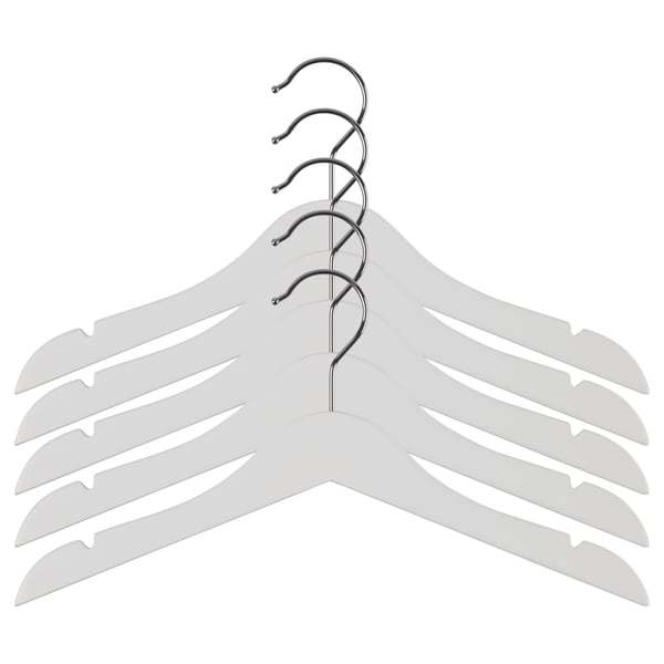 Five grey plastic hangers with chrome hooks, neatly arranged in a row against a white background. Designed for childrens clothes.